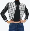 ALICE AND OLIVIA CAMELIA CROPPED COMBINATION VARSITY JACKET IN OFF WHITE/BLACK