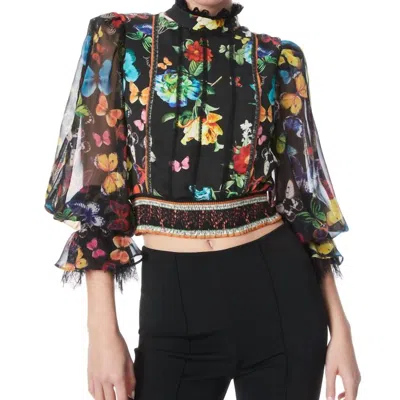 Alice And Olivia Camreigh Blouson Sleeve Blouse In Dream Life Sharp Green In Multi