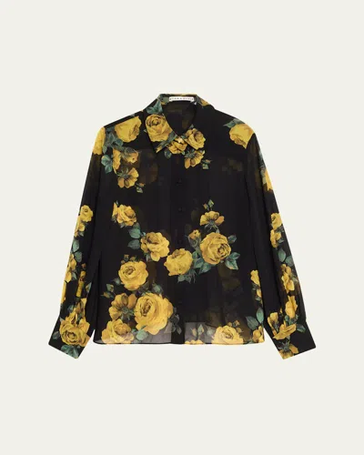 Alice And Olivia Candace Rosehips Blouson-sleeve Buttoned Shirt In Black