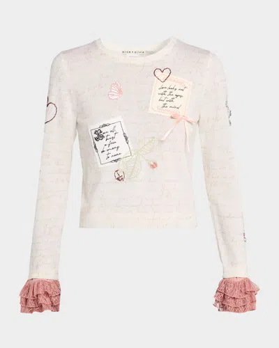ALICE AND OLIVIA CAROLANN SCRIPT EMBROIDERED RUFFLE-CUFF SWEATER