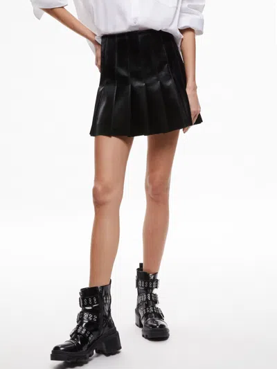 Alice And Olivia Carter Vegan Leather Stretch Pleated Skirt Black In Animal Print