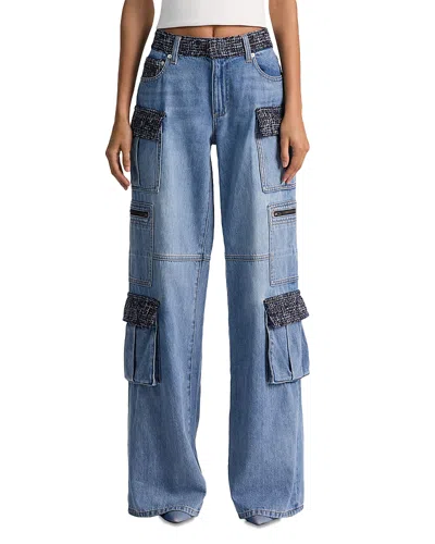 Alice And Olivia Cay Mid Rise Baggy Cargo Jeans In Celine Vintage In Blue