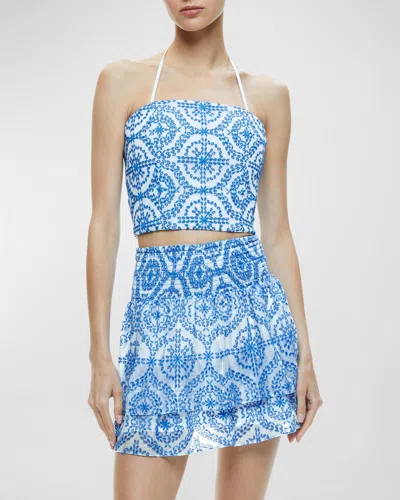 Alice And Olivia Ceresi Embroidered Halter Crop Top In Blue