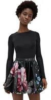 Alice And Olivia Chara Crew Neck Bubble Mini Dress With Thumbholes In The Wind Floral In In The Wind Floral