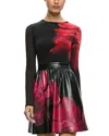 Alice And Olivia Chara Vegan Leather Crew Neck Long Sleeve Gathered Dress In Bright Ruby Floral