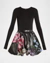 Alice And Olivia Chara Crew Neck Bubble Mini Dress With Thumbholes In The Wind Floral In In The Wind Floral