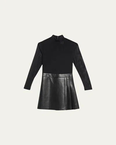 Alice And Olivia Chara Long-sleeve Vegan Leather Pleated Mini Dress In Black