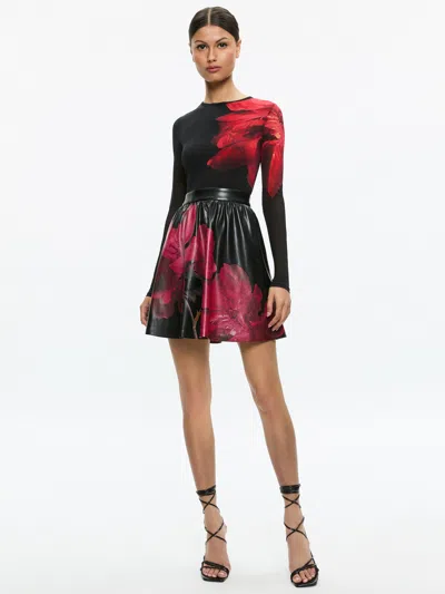 Alice And Olivia Chara Vegan Leather Crew Neck Long Sleeve Gathered Dress In Peony Petals Bright Ruby