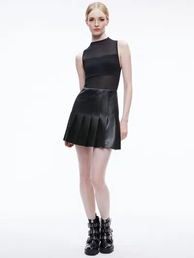 Alice And Olivia Chara Vegan Leather Pleated Mini Dress In Black