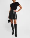 Alice And Olivia Chara Vegan Leather Short-sleeve Pleated Mini Dress In Black