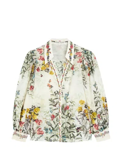 Alice And Olivia Charis Floral-print Puff-sleeve Blouse In White