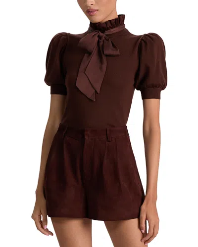 Alice And Olivia Chase Puff Sleeve Ruffle Neck Sweater In Brown