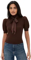Alice And Olivia Chase Puff Sleeve Ruffle Neck Sweater Dark Chocolate In Brown
