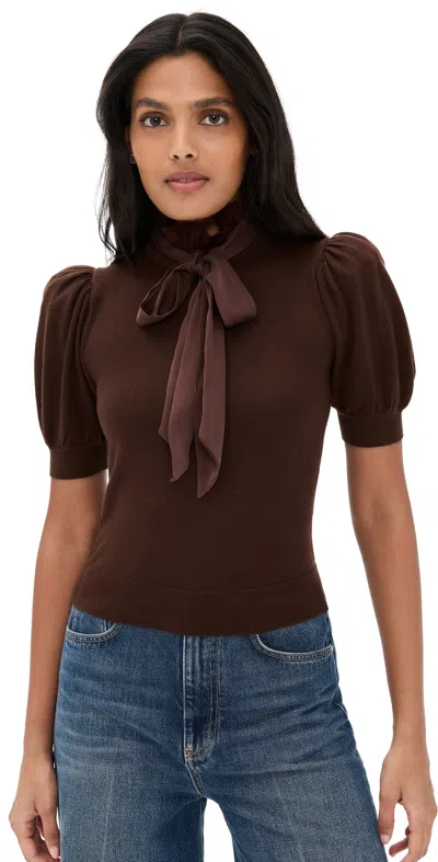 ALICE AND OLIVIA CHASE PUFF SLEEVE RUFFLE NECK SWEATER DARK CHOCOLATE