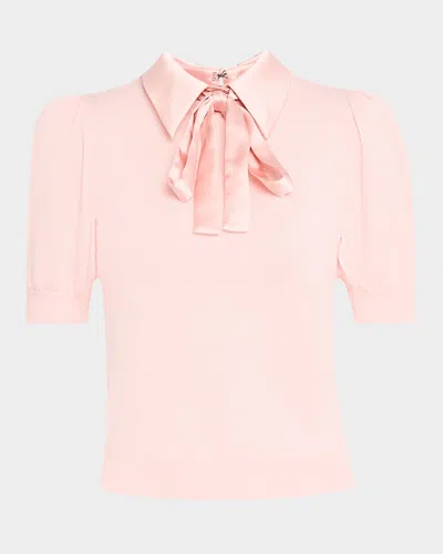 Alice And Olivia Chase Puff-sleeve Sweater With Detachable Woven Collar In Pearl Blush
