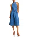Alice And Olivia Chassidy Belted Cotton-chambray Halterneck Midi Dress In Denim Blue