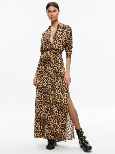 Alice And Olivia Chassidy Maxi Shirt Dress In Spotted Leopard Dark Tan