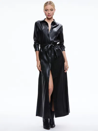 Alice And Olivia Chassidy Vegan Leather Maxi Shirt Dress In Black