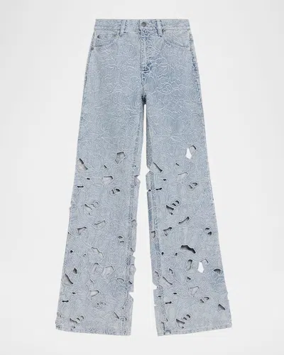 Alice And Olivia Chic Embroidered Eyelet Bootcut Jeans In Blue