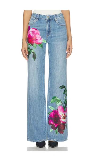 Alice And Olivia Chic High Rise Full Length Rose Print Jeans In Denver Bright Blue