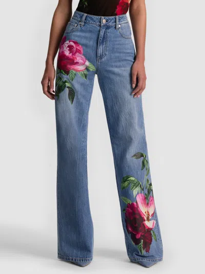 Alice And Olivia Chic High Rise Full Length Rose Print Jeans In Denver Bright Blue