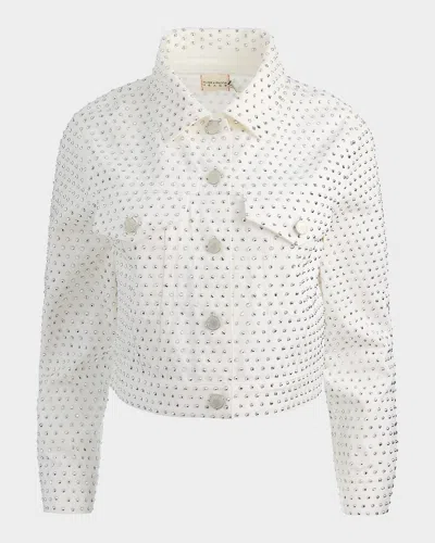 Alice And Olivia Chloe Embellished Denim Crop Jacket In Off White/