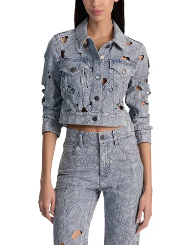 Alice And Olivia Chloe Embroidered Denim Cropped Jacket In Gray