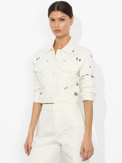 Alice And Olivia Chloe Eyelet-embroidered Denim Jacket In Off White