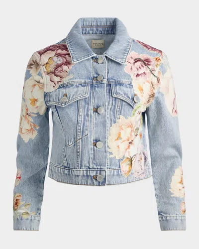 Alice And Olivia Chloe Floral Embroidered Cropped Denim Jacket In Gray