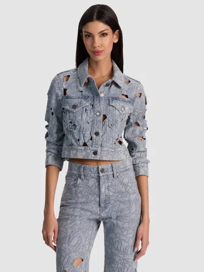 Alice And Olivia Chloe Lasercut Denim Jacket In Blue