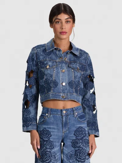 Alice And Olivia Chloe Laser-cut Denim Jacket In Blue