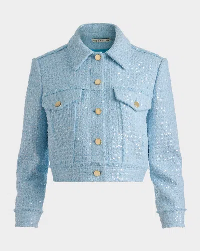 Alice And Olivia Chloe Sequined Tweed Cropped Jacket In Blue