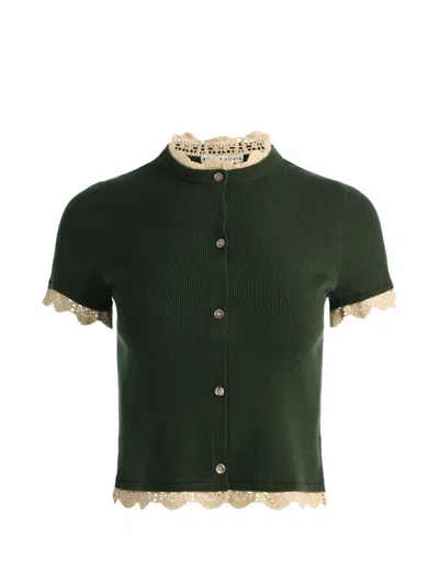 Alice And Olivia Ciara Short Sleeve Cardigan With Trim In Green