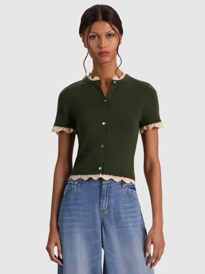 Alice And Olivia Ciara Lace Trim Cardigan In Green