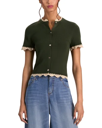 Alice And Olivia Ciara Short Sleeve Cardigan With Trim In Green