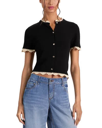 Alice And Olivia Ciara Short Sleeve Cardigan With Trim In Black