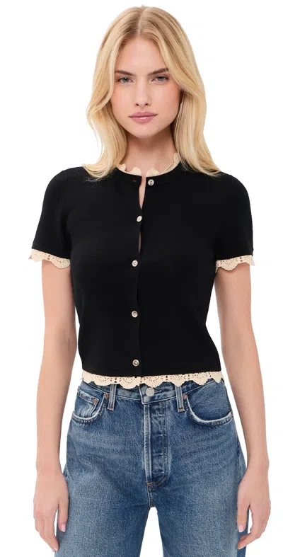 Alice And Olivia Ciara Short Sleeve Cardigan With Trim Black/natural In Multi