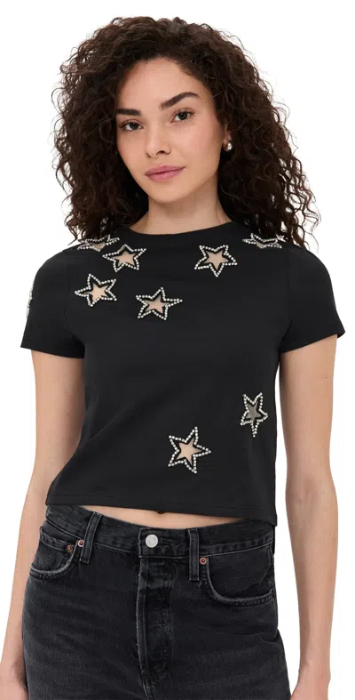 Alice And Olivia Cindy Classic Cropped Tee With Crystal Star Cutouts Black