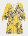 Alice And Olivia Clarissa Deep V Tie Sleeve Mini Dress Blooming Wild Golden Hour In Yellow
