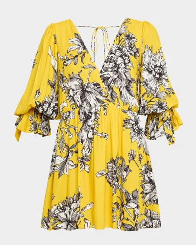 Alice And Olivia Clarissa Blooming Wild Golden Hour Tie-sleeve Mini Dress In Yellow