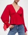 Alice And Olivia Clarissa Deep V Blouse In Bright Ruby