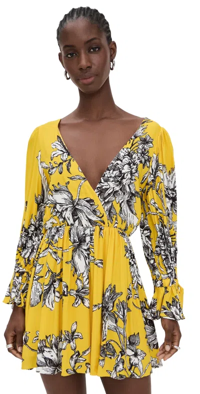 Alice And Olivia Clarissa Deep V Tie Sleeve Mini Dress Blooming Wild Golden Hour