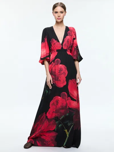 Alice And Olivia Clarissa Maxi Dress In Peony Petals Bright Ruby