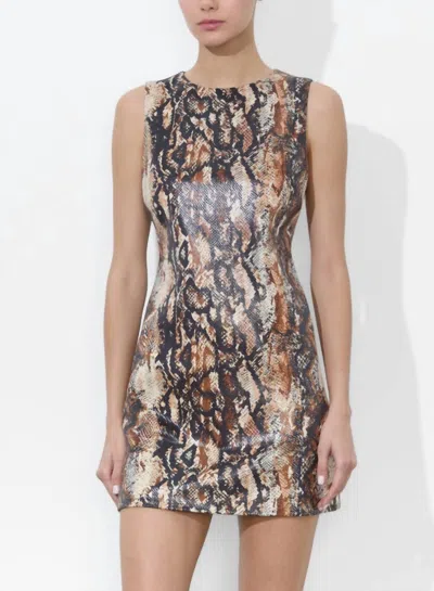 ALICE AND OLIVIA CLYDE SNAKE ALINE FITTED SHIFT DRESS IN CAMEL/BLACK SNAKE
