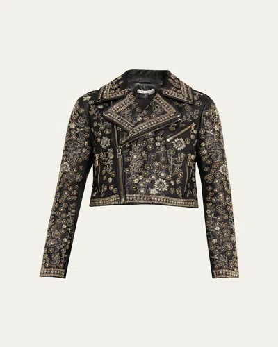 Alice And Olivia Cody Embellished Cropped Leather Moto Jacket In Black