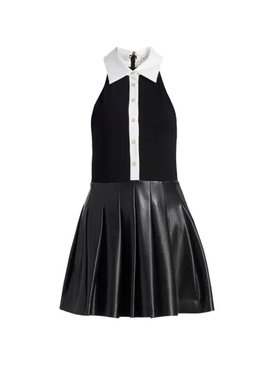 Alice And Olivia Tate Vegan Leather Sleeveless Polo Mini Shirtdress In Black