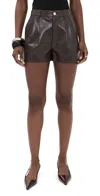 Alice And Olivia Conry Faux Leather Pleated Shorts Dark Chocolate In Brown