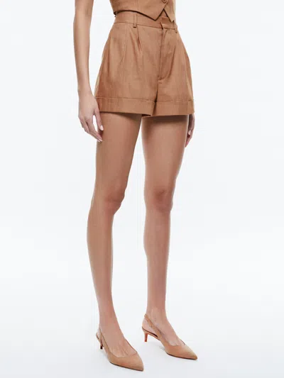 Alice And Olivia Conry Linen Pleated Cuff Short In Tan