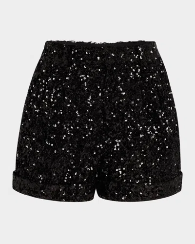 Alice And Olivia Conry Sequined Cuff Shorts In Black