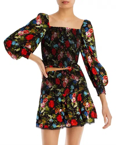 Alice And Olivia Cooper Smocked Bodice Blouse In Wild & Free In Black